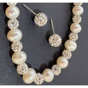 Necklace & Earrings Set Cultured Freshwater Pearl & Crystal Sterling Silver 18"